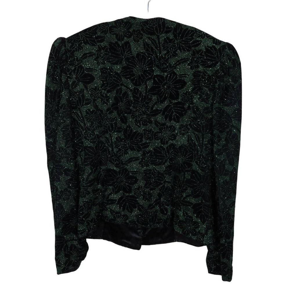 Vintage JESSICA MCCLINTOCK Size 12 Black Green Velvet Sparkle Puff Sleeve Jacket - Picture 2 of 7
